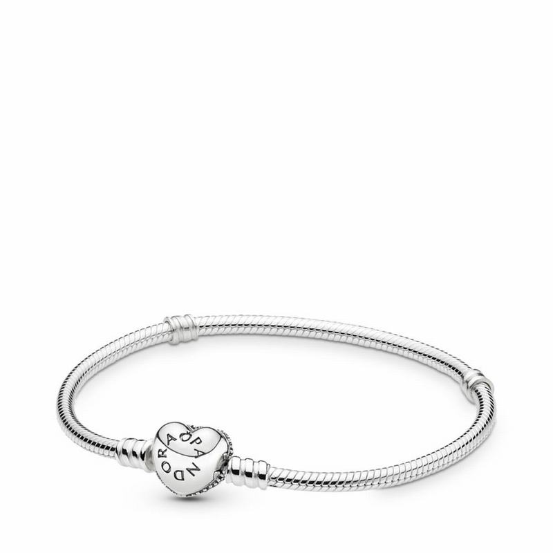 Pandora Moments Sparkling Heart & Snake Chain Bracelet Sale NZ, Sterling Silver (096714-LJS)